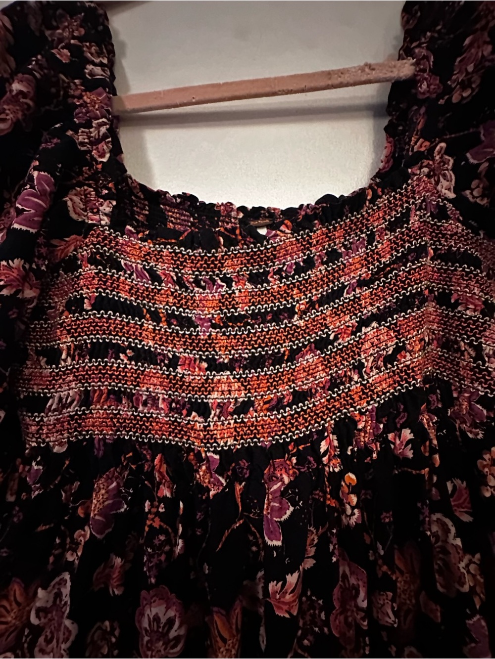 Free People Black Floral Smocked Midi Dress with Pink Accents - Picture 3 of 4